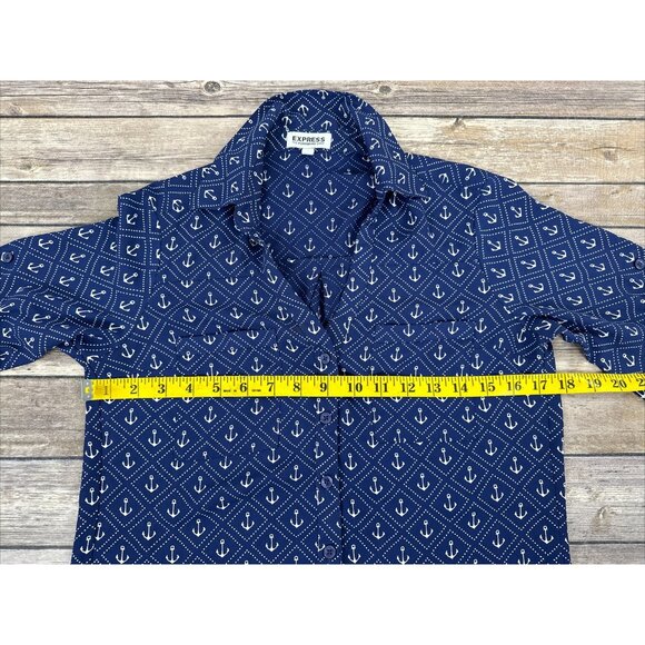 Express Portofino Shirt Womens Size XS Navy Blue Anchor Long Sleeve Roll Tab - Picture 12 of 14